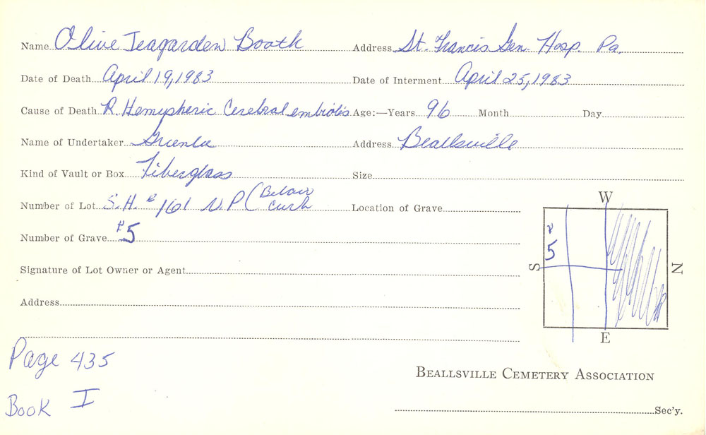 Olive Teegarden Booth burial card